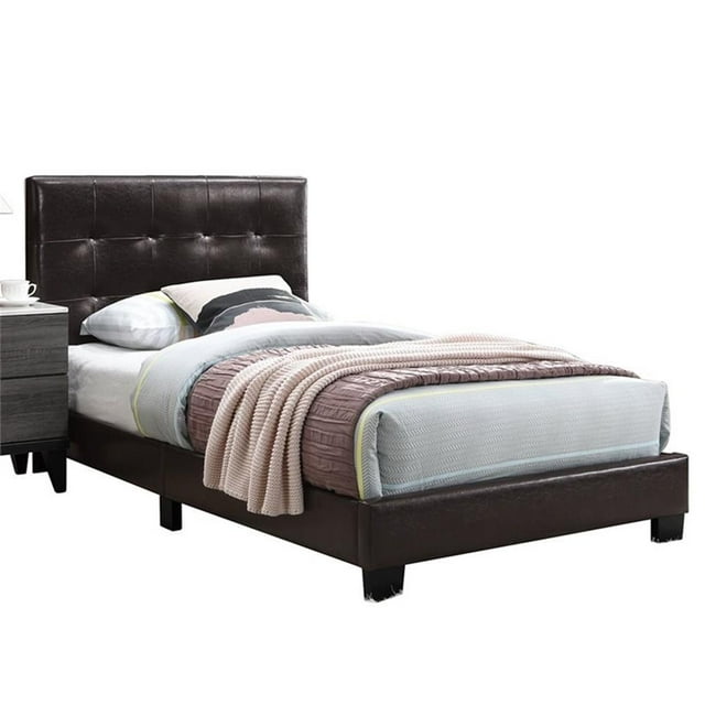 Poundex Twin Faux Leather Bed Frame with Slats, Brown