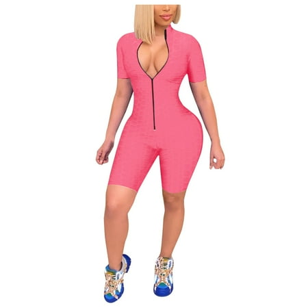 

Jumpsuits For Women Dressy Long Zipper Sports Yoga Gym Short Overalls Pink L