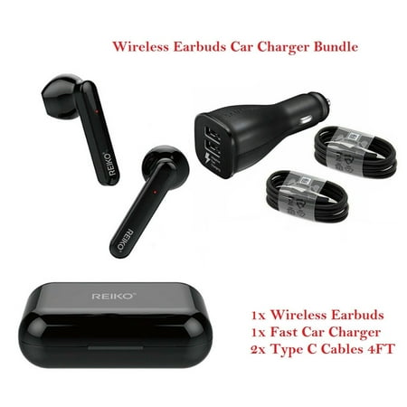 Wireless Earbuds Adaptive Fast Charging Dual Port Car Charger 2x Cables BUNDLE for Alcatel 3X (2019) - 1x Wireless Headphones 1x Fast Car Charger + 2x Type-C Cables 4FT
