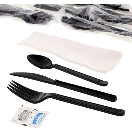 

CYQUIO Six Piece Meal Kit with 13 x 17 Napkin Salt and CYQUIO Packets Black Heavy Weight Fork Knife and Teaspoon Case of 250