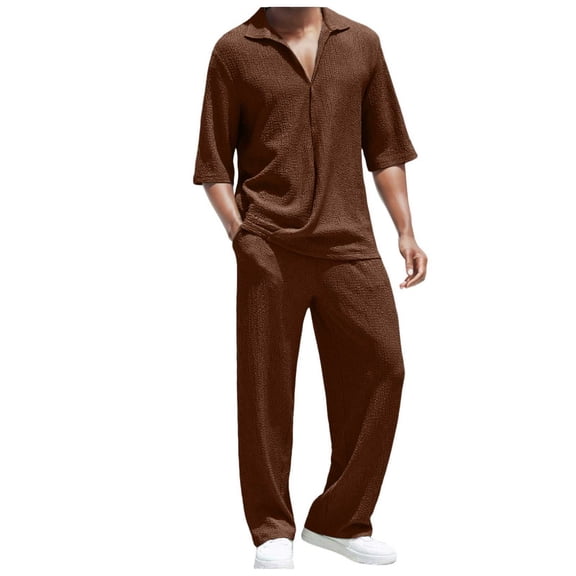 JIKNTTR Men's 2 Piece Outfits Male Summer Commuting Suit Solid Color Textured Casual Shirt Short Sleeve And Pants Summer Yoga Outfit Summer Beach Outfits