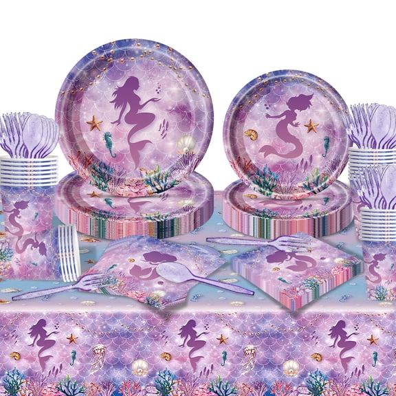 Moerstar Mermaid Party Supplies Set, Mermaid Plates and Napkins 85Pcs Mermaid Birthday Decorations, Napkins, Cups Tablecloth for Theme Party Decorations, Serve 16