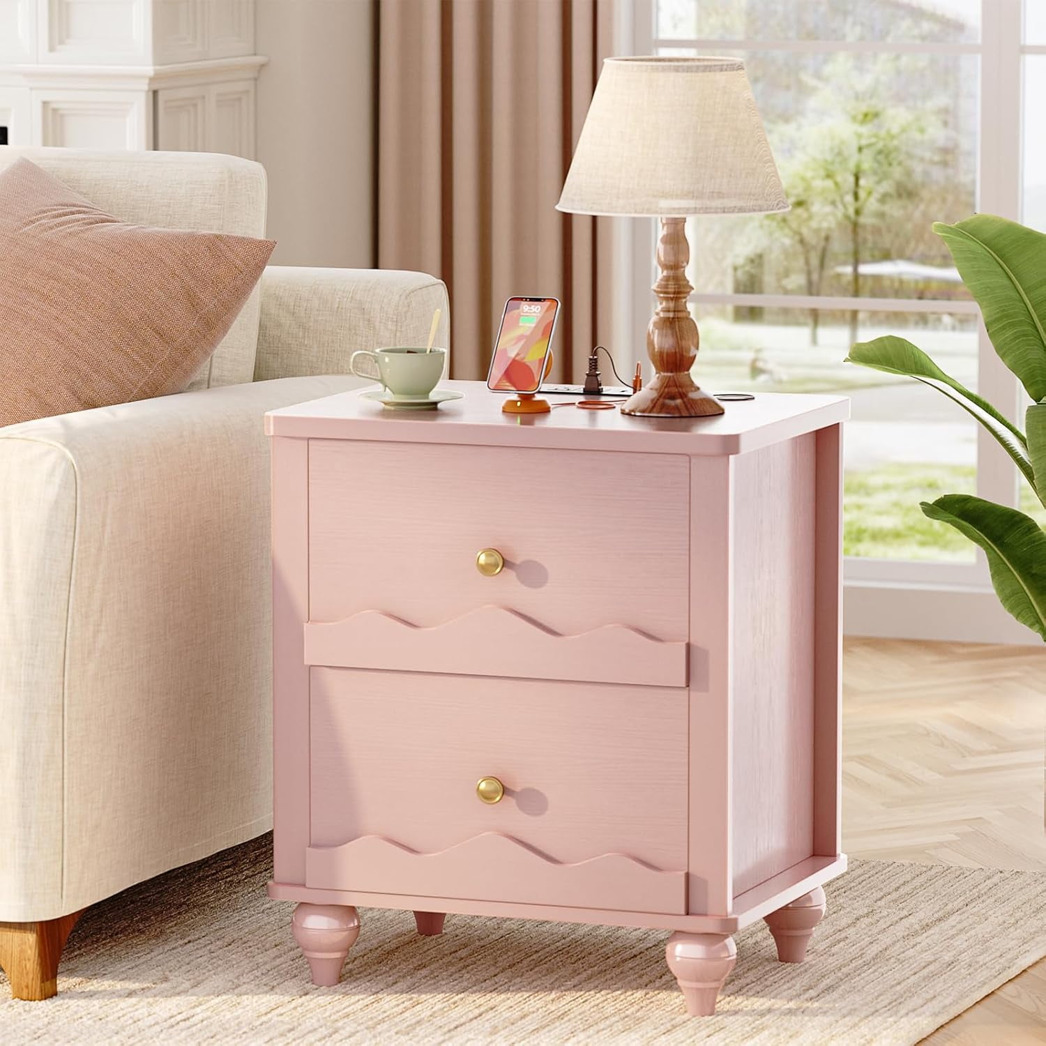 Homieasy 2 Drawer Nightstand with Power Outlet, Modern Wooden Nightstand with 2 Wave Pattern Drawers, Bedside Table for Bedroom, Living Room, Pink