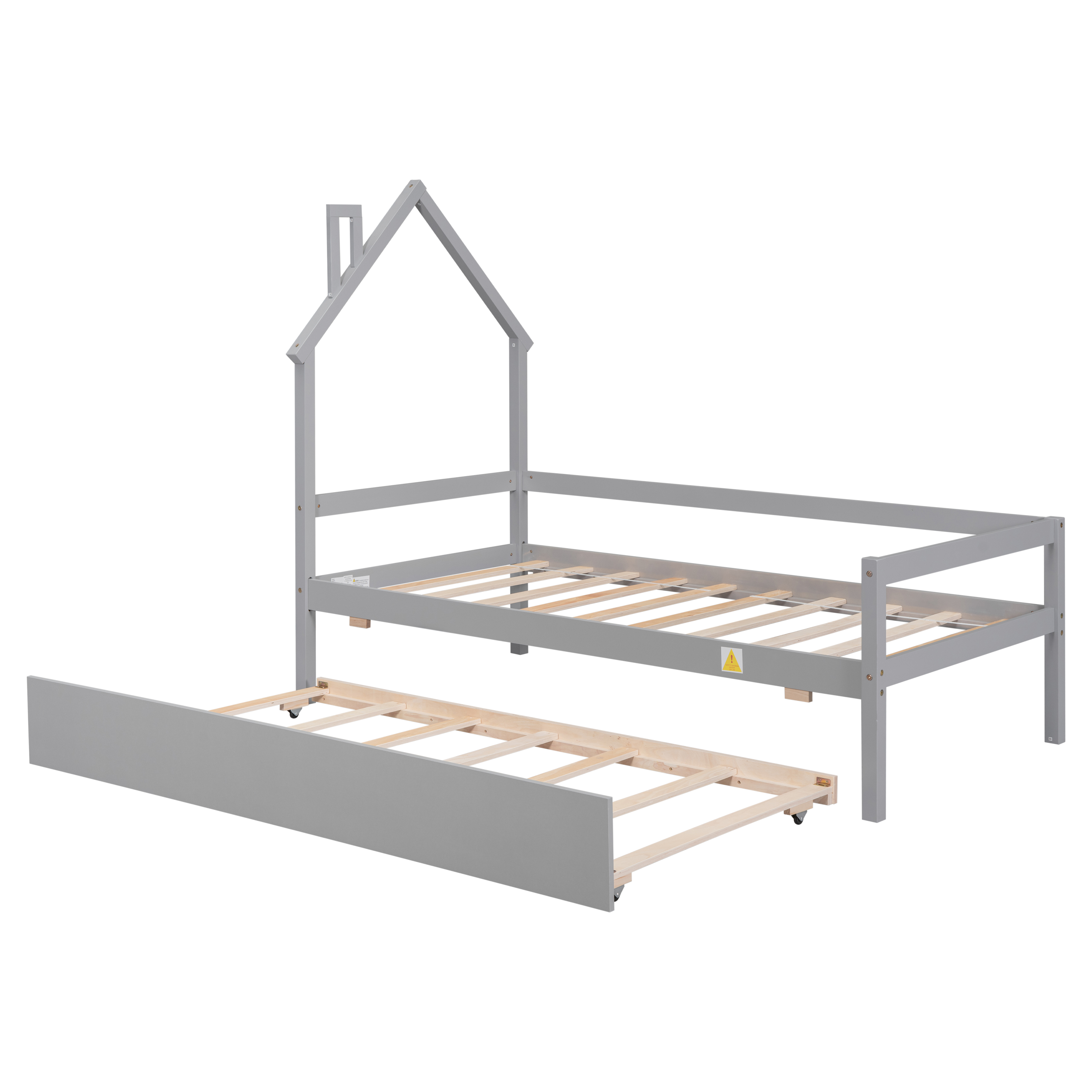 Euroco Wood House Platform Bed with Trundle for Kids Teens Room, Semi-Close House Bed with Roof, Gray