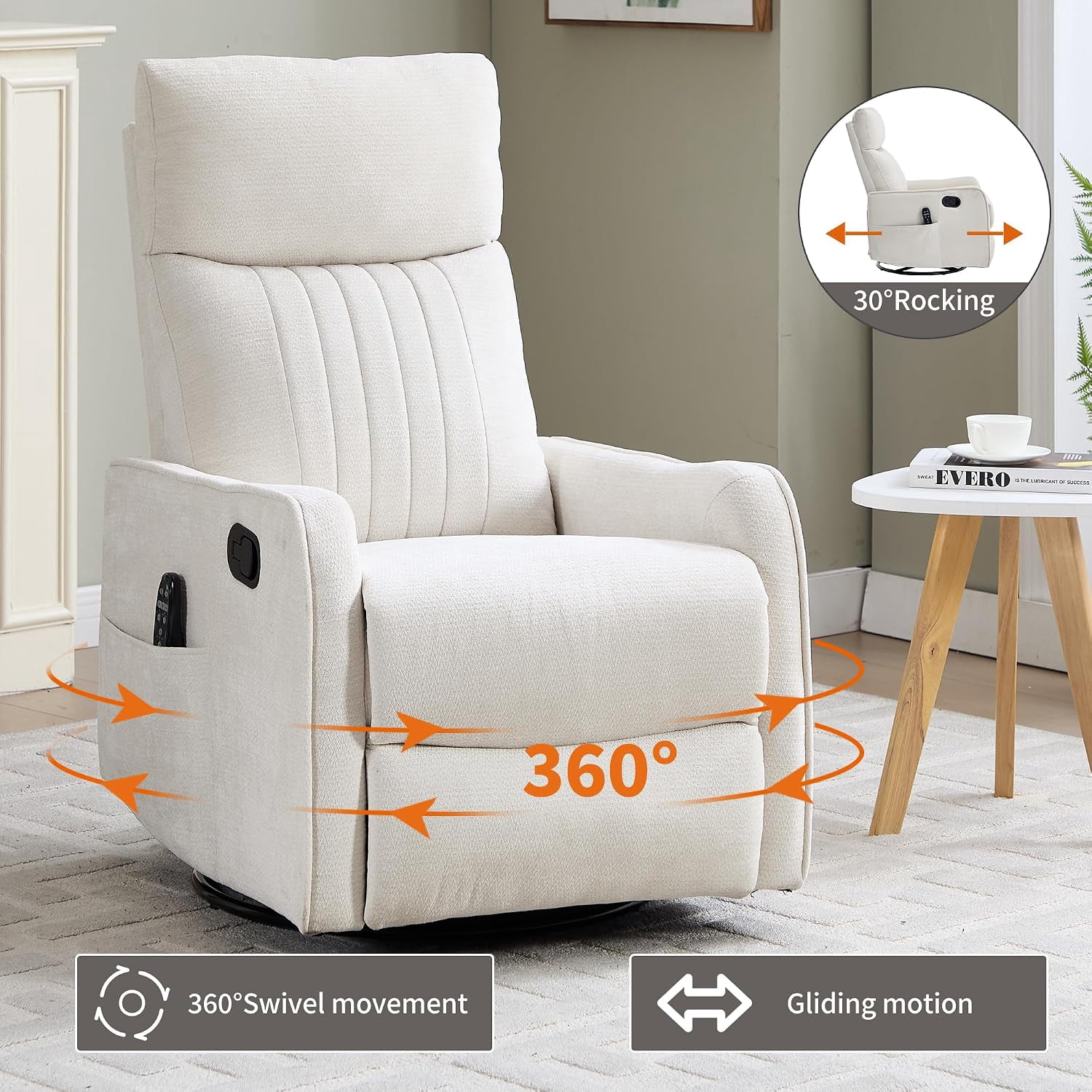 High Back Manual Recliner Chair with Heat & Massage, Swivel Rocker for Living Room Bedroom, Beige