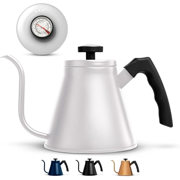 Gooseneck Kettle, Kettle Stovetop, with Thermometer, Tea Pot, for Pour Over Coffee & Tea, Temperature Gauge, Electric, Compatible for Gas Stovetop, 3 Ply Stainless Steel Base, 27 oz, (Navy)