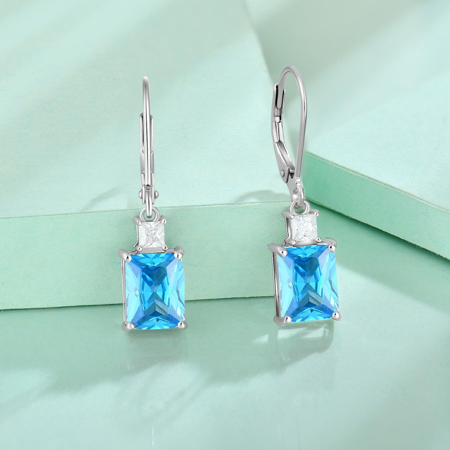 Starchenie Princess/Emerald Brilliant Cut Birthstone March aquamarine Earrings for Women Dangle Earrings Sterling Silver Leverback Earrings Birthday Anniversary Jewelry Gift