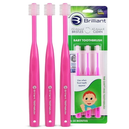 Brilliant Baby Toothbrush by Baby Buddy, for Ages 4-24 Months, Round Head, Bristles Clean All-Around Mouth, Pink, 3 Pack