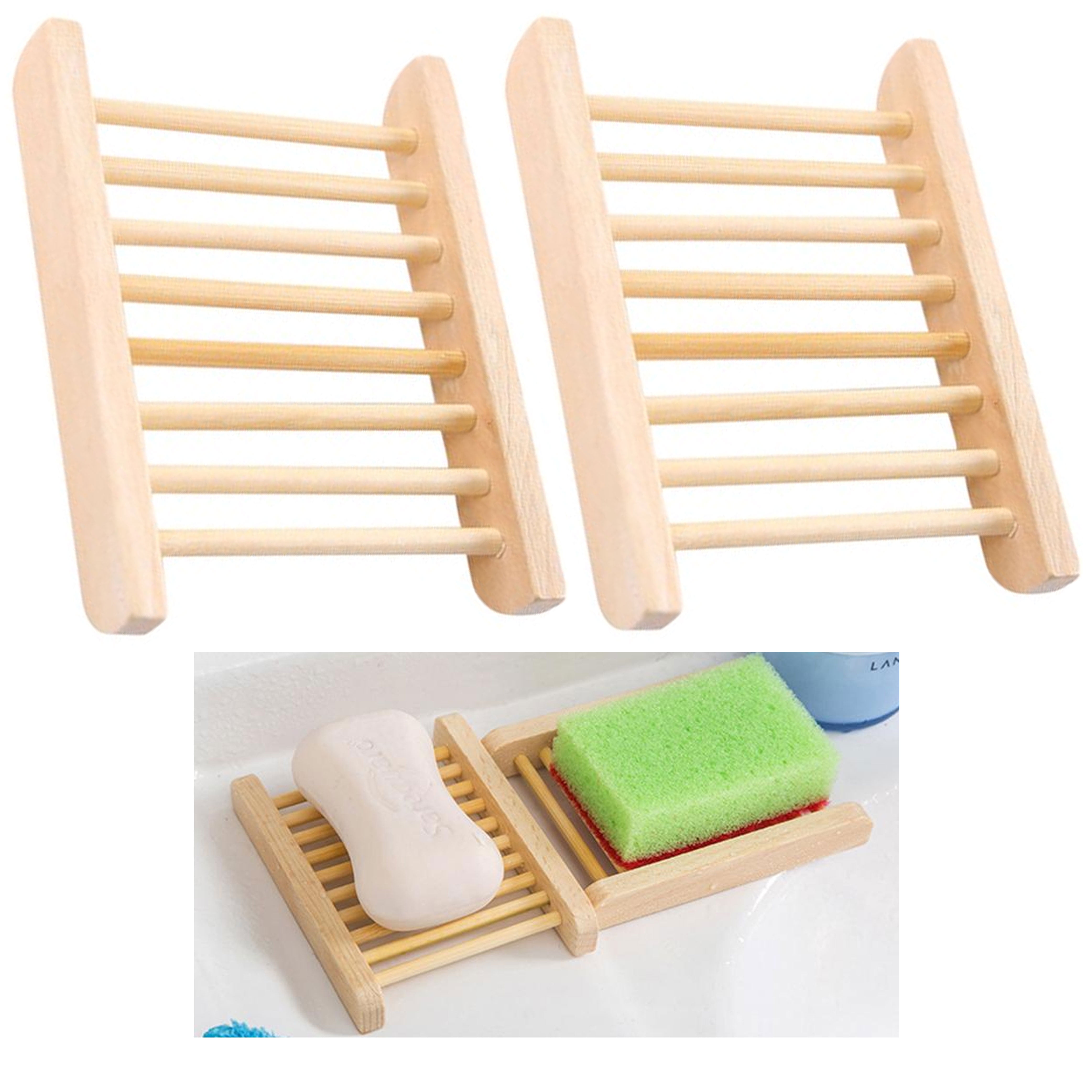 2 Pack Natural Wooden Bamboo Soap Dish Tray Holder Storage Soap Rack Plate Box 
