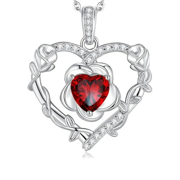 Bloomist Heart Birthstone Necklace in 925 Sterling Silver- Heart Cut Red Garnet Diamond Neckalce- Heart Rose Flower Necklace For Women