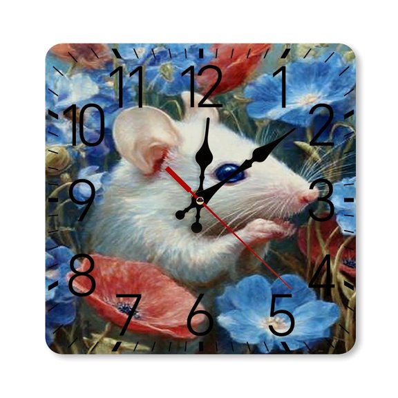 RKSupls 10×10inch Square Silent Wall Clock Wooden Frame, Mouse Wildflowers Scale Decorative Clock for Home Bedroom Living Room Office
