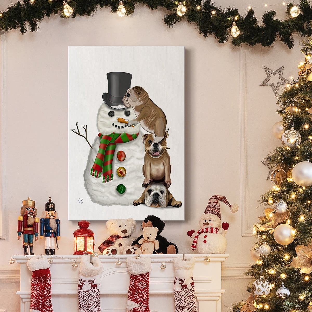 Christmas English Bulldogs Building Snowman- Gallery Wrapped Canvas