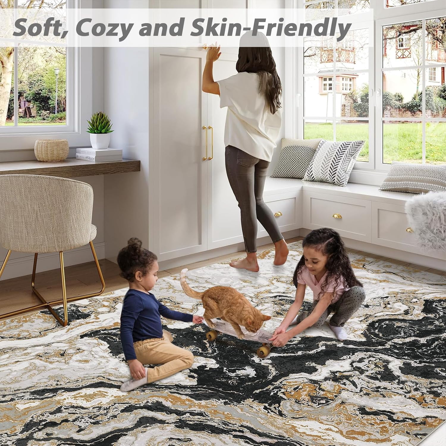 Homhougo 10x13 Washable Abstract Marble Area Rug, Soft Modern Non-Slip Luxury Carpet for Living Room, Bedroom, High Traffic Kitchen Entryway, Black