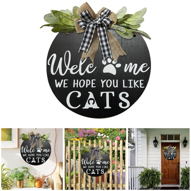 BKER Welcome Round Wooden Sign Welcome Hanging Bow Sign Pet Sign