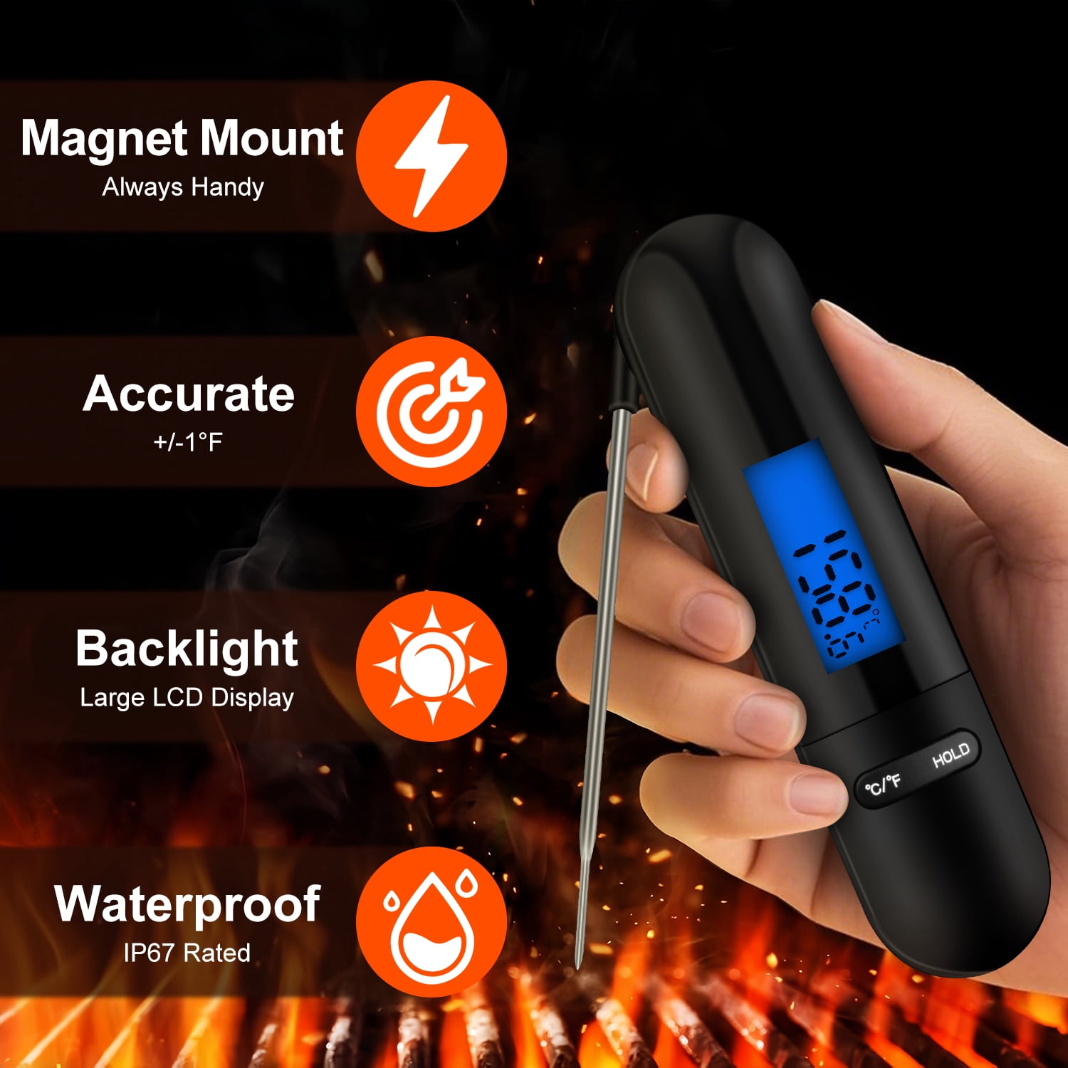 Meat Thermometer for Cooking,AILKIN Foldable Waterproof Instant Read Wireless Digital Grilling Thermometer Food Cooking Thermometer for Meat,Steak,Grills,Kitchen,Turkey,BBQ(Black)