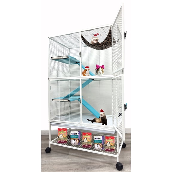 X-Large Two Full Story 4-Tiers Tight 1/2-Inch Bar Spacing Double Large Front Doors for Feisty Ferret Squirrel Hammock Chinchilla Rat Mouse Hamster Gerbil Small Animals Critters Rolling Cage