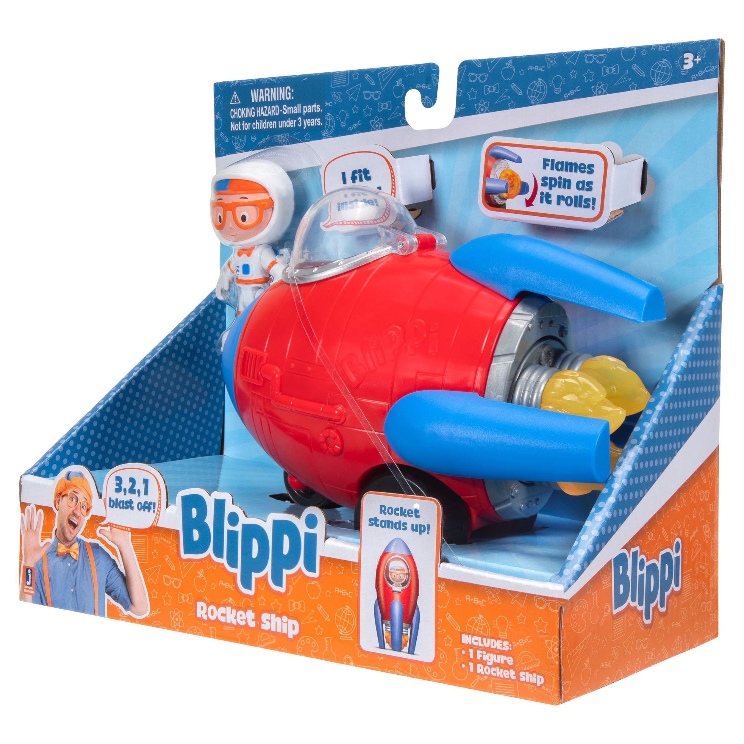 BLIPPI Rocket Ship Feature Vehicle with Blippi Figure, Free-Wheeling Toy, Plastic