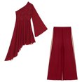 thumbnail image 4 of HULIJA 2PCS Praise Dance Dress Sets for Women Floral Lace Asymmetrical Dress with Wide-Leg Pants Burgundy M, 4 of 5