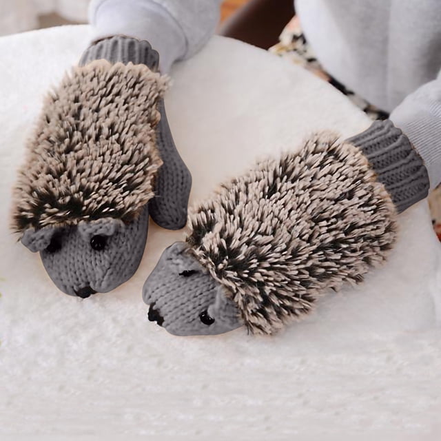 XZNGL Cartoon Hedgehog Wool Double Layer Thermal Insulation with Finger Weave Gloves