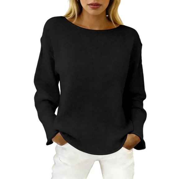 JIAYUE Women's Sweater Long Sleeve Effortless Everyday Knit Pullover Solid Color Lightweight Round Neck Casual Wear Female Classic Tops