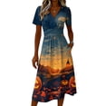 thumbnail image 4 of Womens Halloween Dress Pumpkin Short Sleeve Ghost Fall Wrap Dresses Witch Hat V Neck Vintage Wedding Guest Dress S, 4 of 5