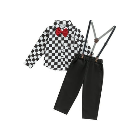 

Frobukio Kids Boys Gentlemen Outfits Lapel Collar Long Sleeve Checkerboard Printed Blouse + Bow Tie + Detachable Straps + Pants Black White 4-5 Years