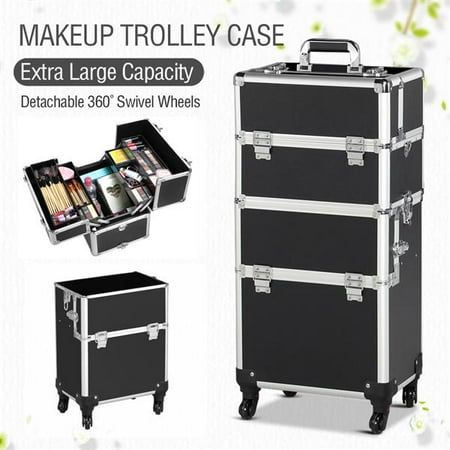 Plaid Train Case 3 in 1 Professional Aluminum Rolling Makeup Trolley Artist Train Case Cosmetic Organizer Makeup Case(4 wheeler accessories) Black ()