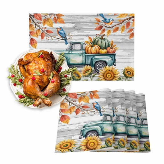 Fall Placemats Set of 4 Pumpkin Blue Truck Place Mats Thanksgiving Placemat Bird Leaves Sunflower Wood Table Mats for Dining Kitchen Table Holiday Dinner Party Home Fall Decorations 13x19 Inch