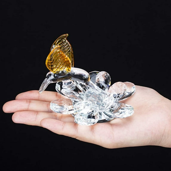 H&D Crystal Glass Hummingbird Figurine W/ Lotus Flower Rainbow Maker Home Decor