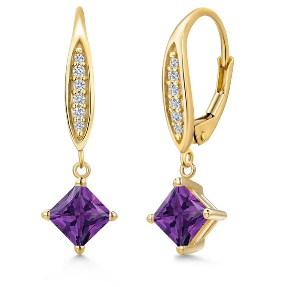 Gem Stone King 10K Yellow Gold Purple Amethyst and Lab Grown Diamond Earrings for Women | 1.39 Cttw | Gemstone February Birthstone | Princess 5MM