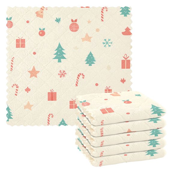 Kitchen Dish Towels Soft Absorbent Dish Cloths 11"x11" Christmas Tree Presents Candy Cane 6 Packs