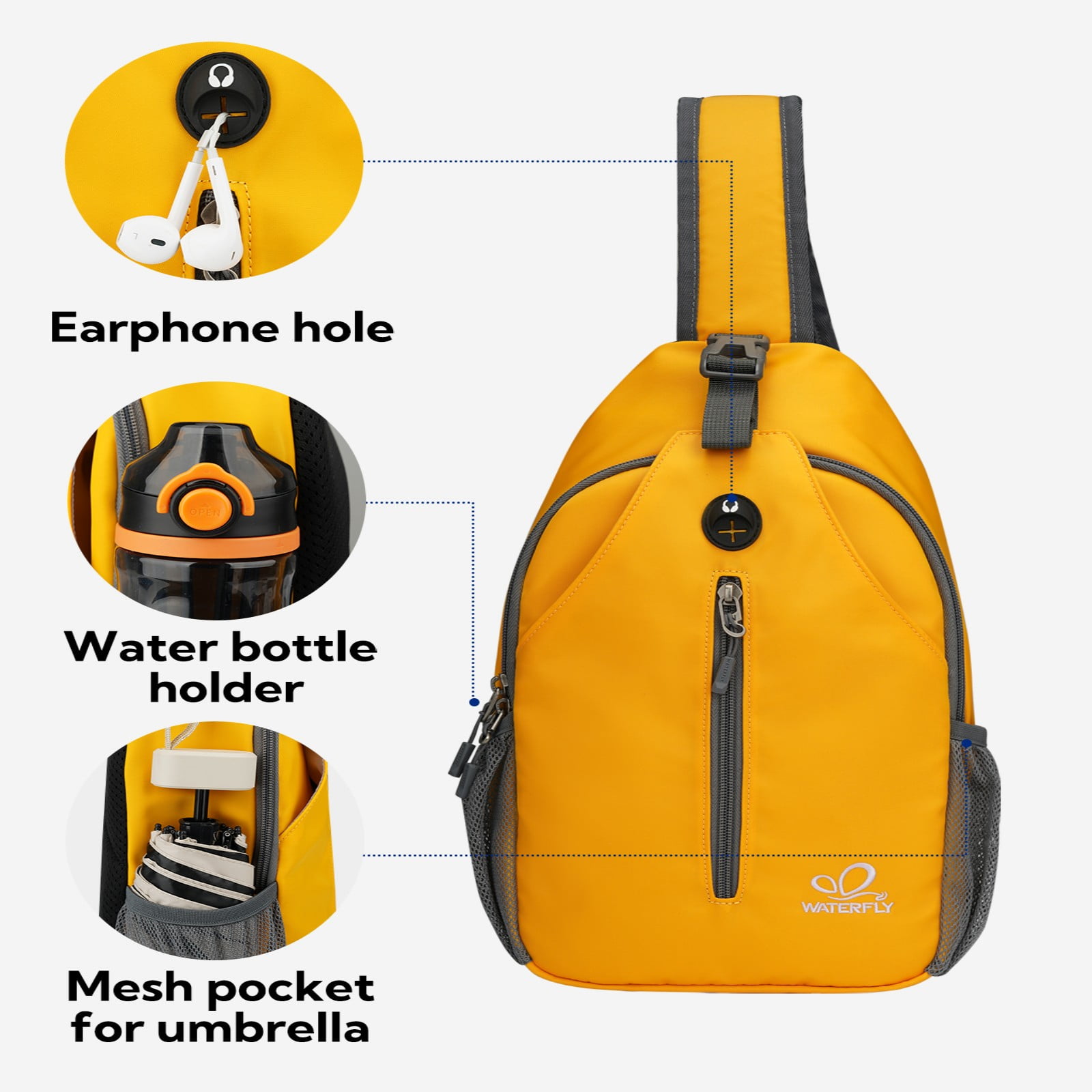 WATERFLY Unisex Hiking Travel Nylon Sling Bag Cross-Body Shoulder Chest Bag,Bright Yellow
