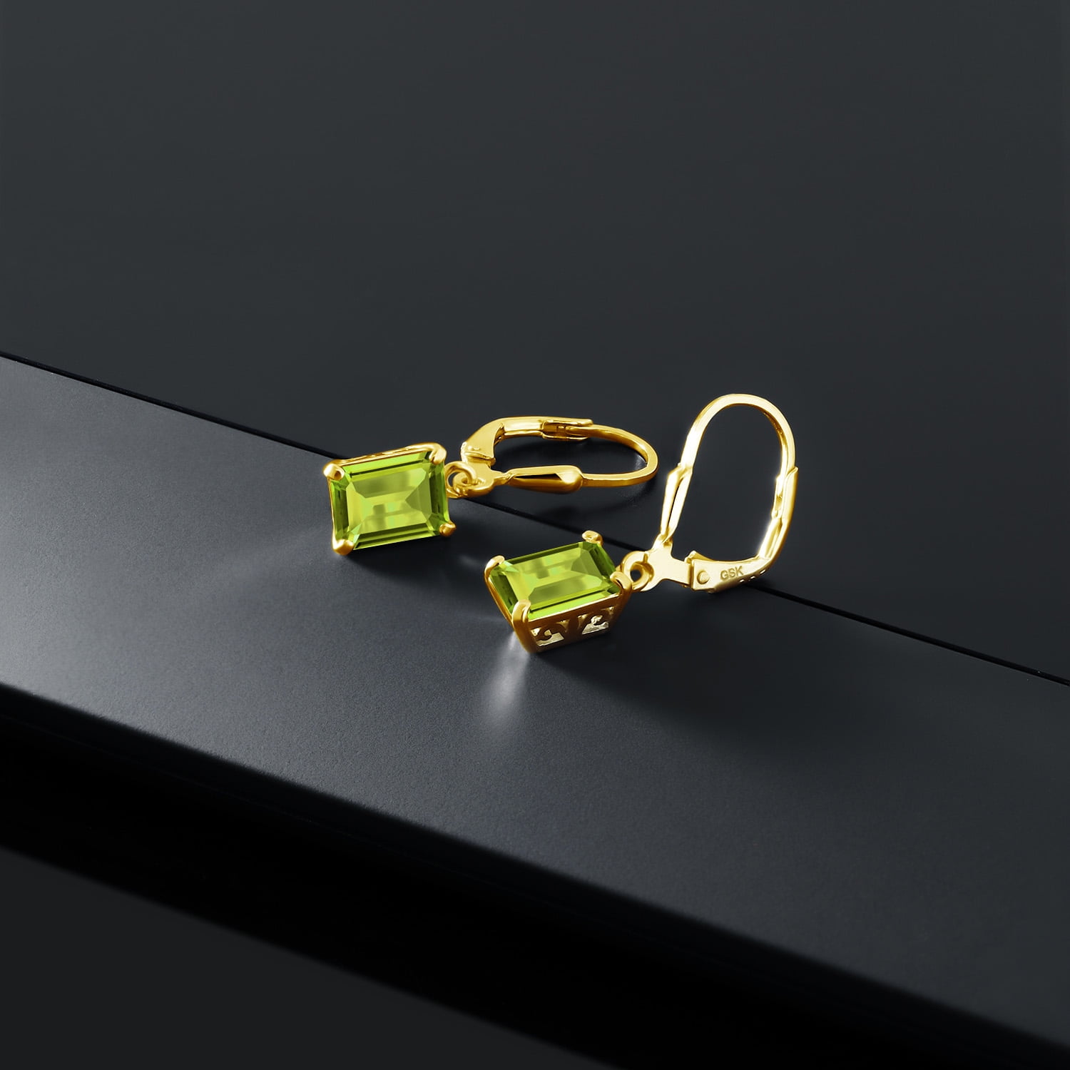 Gem Stone King 18K Yellow Gold Plated Silver Green Peridot Dangle Earrings for Women (3.20 Cttw, Gemstone August Birthstone, Emerald Cut 8X6MM)