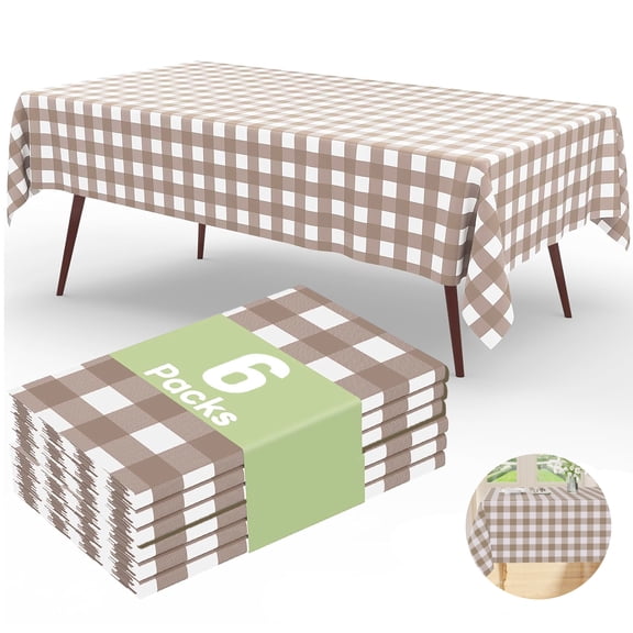 Greenpod 6PCS Rectangle Table Cloth, Waterproof Vinyl Tablecloths with Flannel Backing, Wipeable Buffalo Plaid Table Cover for Dining, Indoor and Outdoor (Khaki & White, 54"x108")