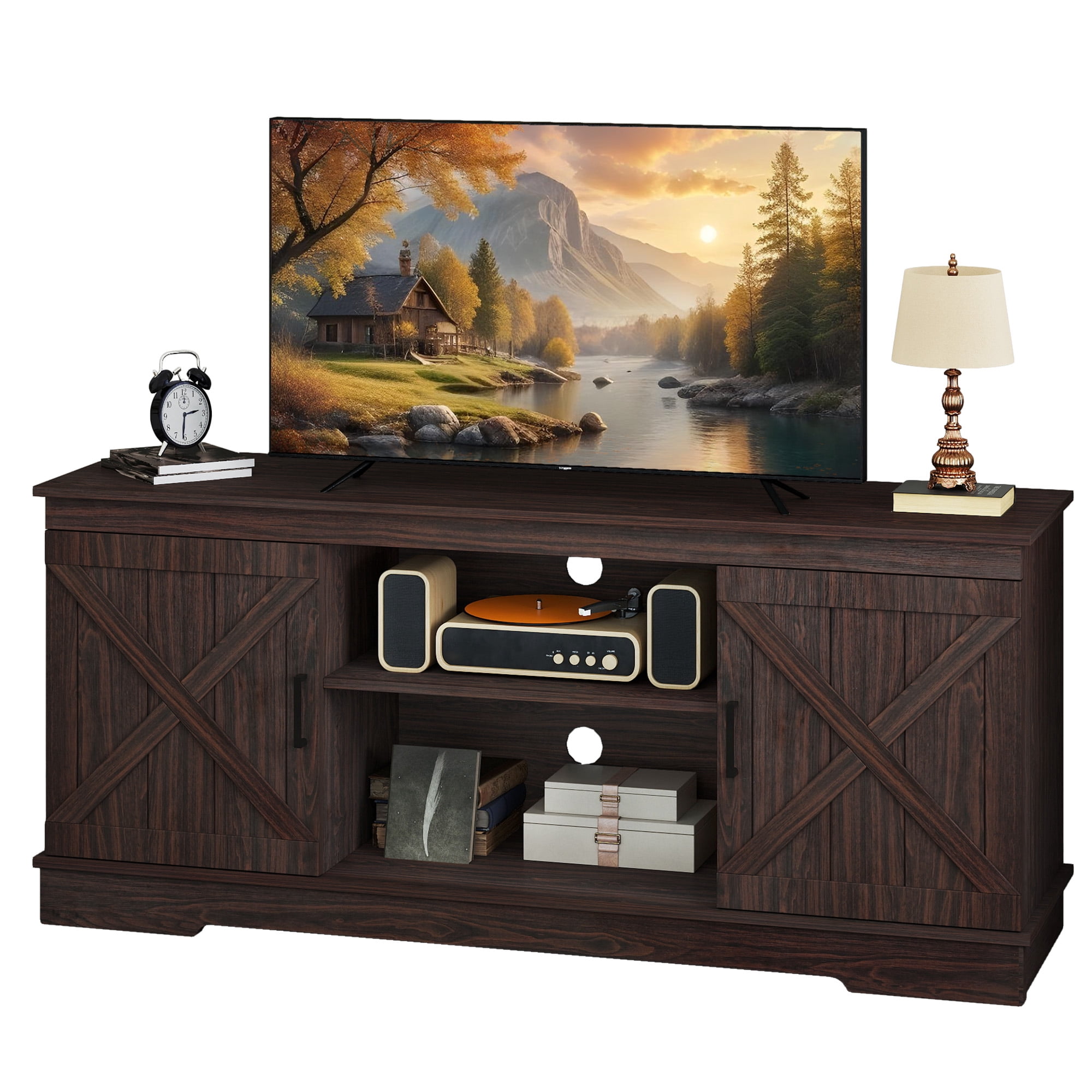 Uforic Farmhouse TV Stand for up 65" TVs, Entertainment Center Console Table for Living Room, Brown