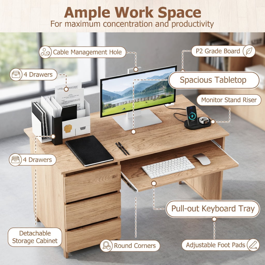 Spaco Computer Desk with Power Outlet Keyboard Tray and 3 Large Drawers-Natural,