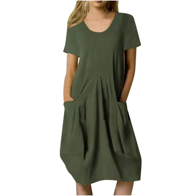 Robes en Lin pour Femmes Été Mode Décontractée Col Rond Boutons Manches Courtes Coton Lin Robe Genou Haute Poche Robes Unies Manches Courtes Robes Courtes pour Femmes Été