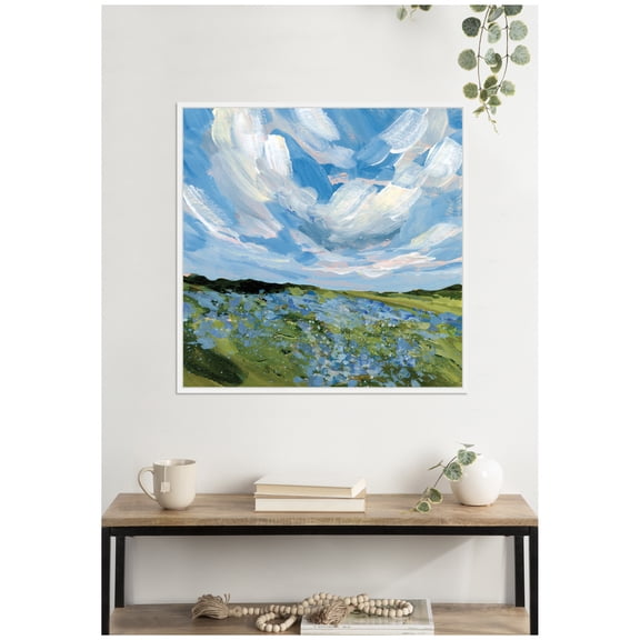 Kate and Laurel Framed Canvas Wall Art Print Texas Bluebonnets by Emily Kenney, 30 x 30 Sylvie White Frame, Rustic Farmhouse, Landscape Art for Wall Decor