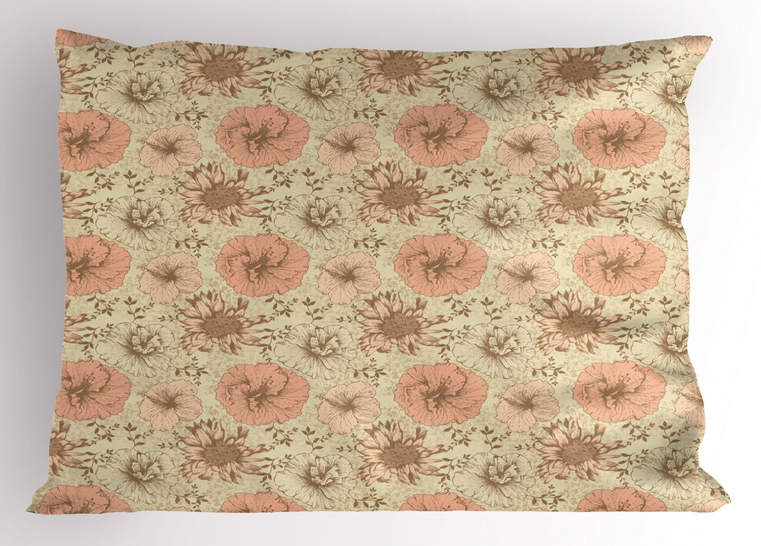 Floral Pillow Sham Vintage Love Retro Colored Exotic Hibiscus Plant Blooming Live Giving Nature, Decorative Standard Size Printed Pillowcase, 26 X 20 Inches, Coral Tan Brown, by Ambesonne