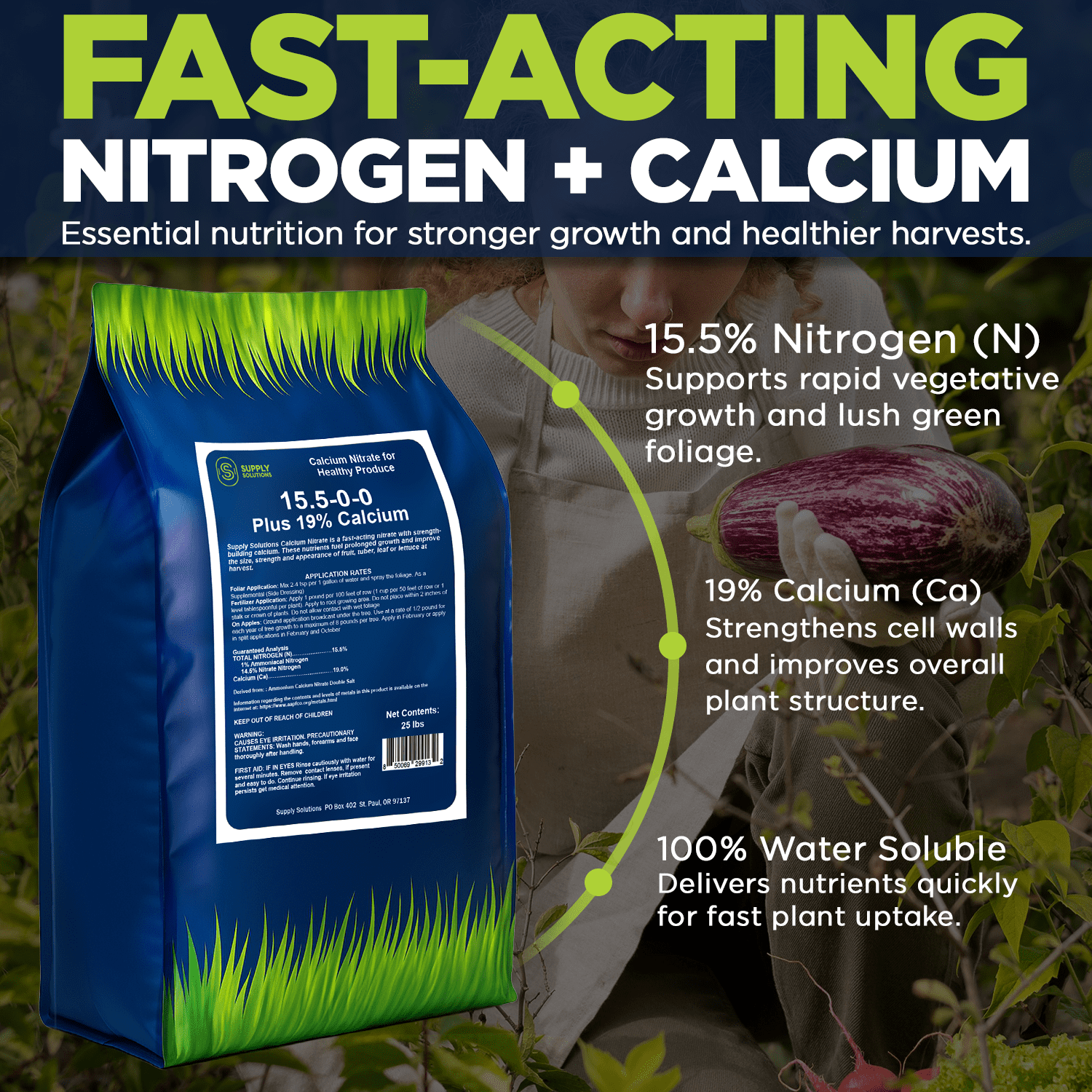Supply Solutions Calcium Nitrate 15.5-0-0 + 19% Ca | Fast-Acting Water Soluble Fertilizer Prevents Blossom End Rot - Boosts Growth & Yield for Vegetables, Fruit, Gardens & Hydroponics (25 Pounds)
