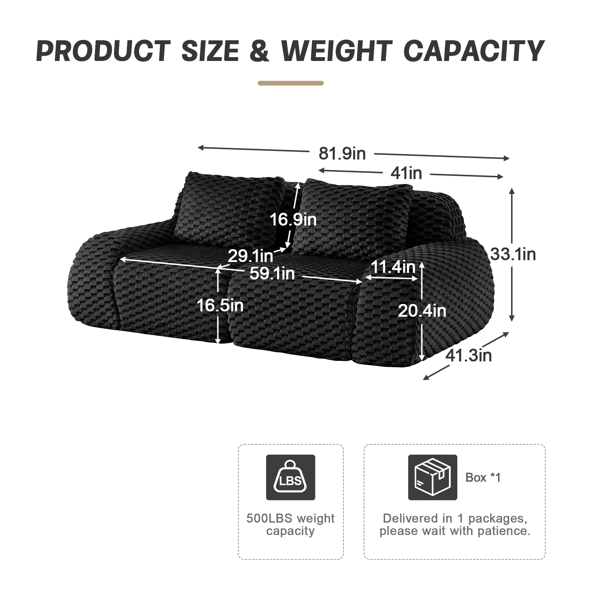 Aukfa 82" Modern Modular Cloud Sofa, Oversized Flannelette 2-Seater Couch with 29" Deep Seat & Two Pillows, No Assembly, Black