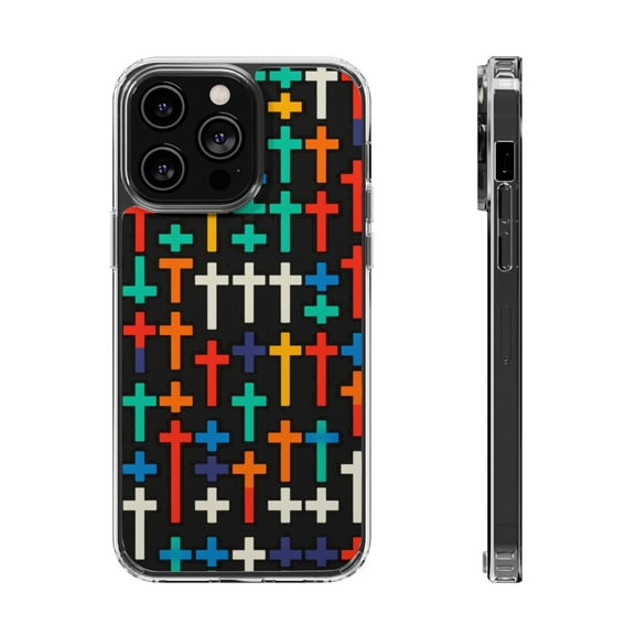 DistinctInk Hybrid (Acrylic / TPU) Clear Slim Fit Case for Apple iPhone 12 Pro MAX (6.7" Screen) - "Vibrant Crosses on Solid Black: Striking Pattern"