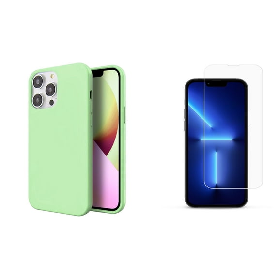 Slim Silicone Case and Glass Screen Protector for iPhone 14 Pro Max - Mint Green