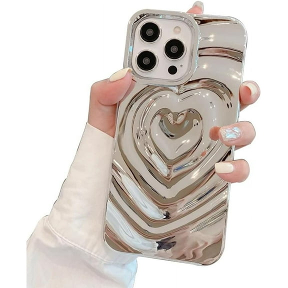 Love Heart 3D Solid Color Aesthetic Curly Wave Soft TPU Case for Women Girls Compatible with iPhone Case (Bright Silver,iPhone 15 Pro Max)