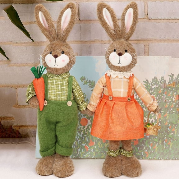 AZXY Easter Bunny Decorations, Adjustable Height Plush Rabbit Doll in Orange Dress with Basket, Cute Tabletop Decor for Home Office Indoor Party, Festive Holiday Gift for Kids & Spring Decor