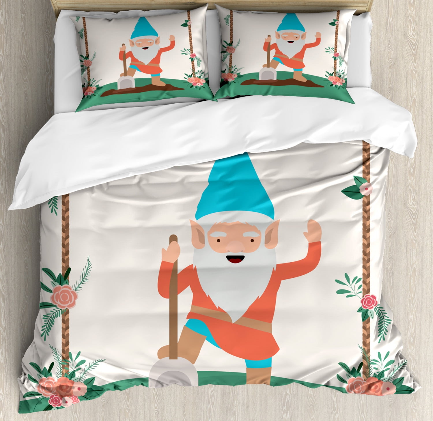 Gnome Duvet Cover Set, Funny Character in the Garden with Wooden Floral