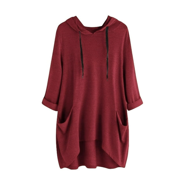 hotojiny Plus Size Spring Clothes for Women Soft High-Low Long Sleeve Rolled Sweatshirt Oversized Lightweight Hooded Drawstring Pullover