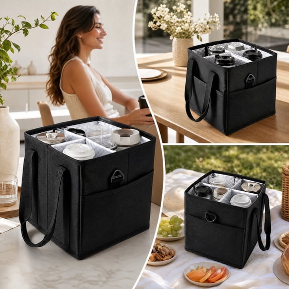 Insulated Drink Carrier Bag with Dividers Portable 4 Cup Beverage Tote for Picnic Outdoor Travel | Adjustable Shoulder Strap Cooler Bag for Coffee Cups Water Bottles
