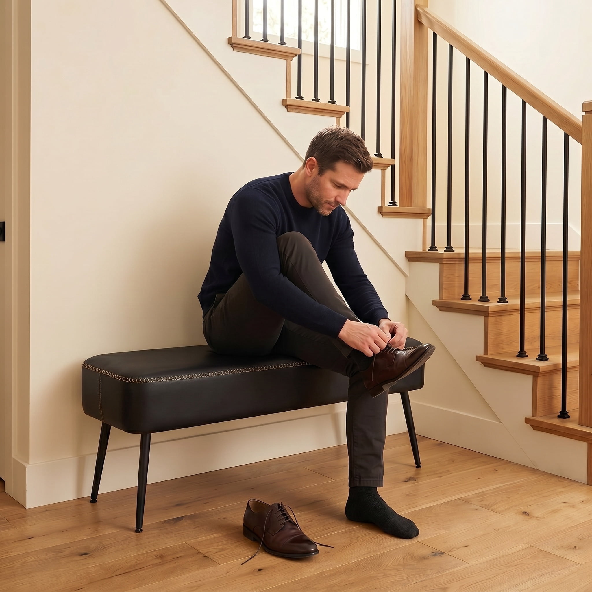 Nordic Hygge Mid-Century Modern Entryway Bench, Black