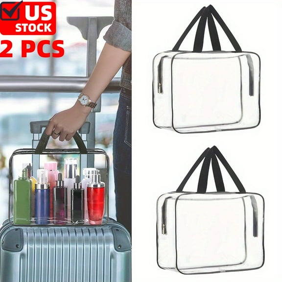 2 PCS Crystal Clear PVC Travel Toiletry Bag , Waterproof Organizer Makeup Bags with Handle Straps, Cosmetic Bag Pouch Carry on Airport Airline Compliant Bag Handbag - L
